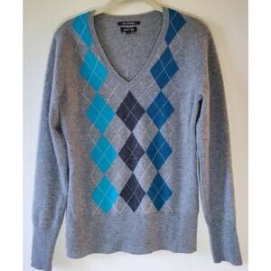 Apt 9 Cashmere Sweater Womens M Gray Pullover Blue Argyle Preppy Academia